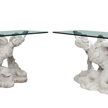 Pair of Italian 20th Century Winged Sirens Marble Consoles