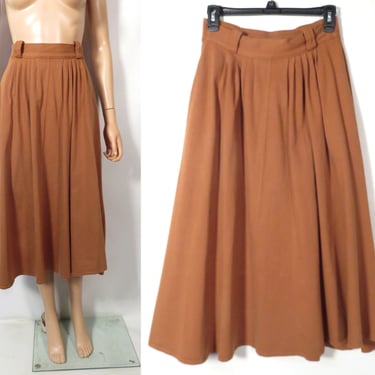 Vintage 80s/90s Mocha Full Pleat Front Cotton Midi Skirt With Pockets And Belt Loops Size M 