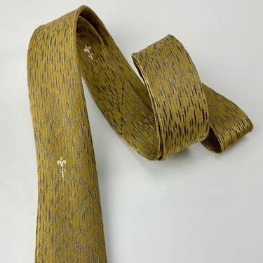 1960'S MOD Tie - Fleur-de-lis Crest - WEMBLEY LABEL - Gold with Gray - Narrow Profile - Silk or Rayon 