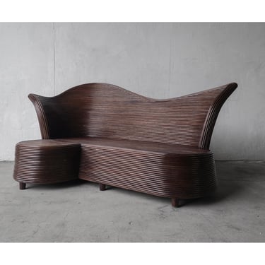 Vintage Coastal Reeded Bamboo Chaise with Table 