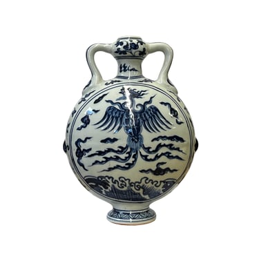 Chinese Blue White Porcelain Oriental Phoenix Round Shape Flat Vase ws3045E 