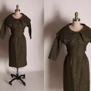1950s Green and Brown Brocade Floral Short Sleeve Wiggle Dress with Matching Cropped Short Sleeve Jacket Two Piece Outfit -XS 
