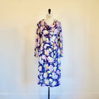 1970's Cobalt Blue Pink Chartreuse Floral Print Crepe Day Dress Cowl Neck Long Sleeves 70's Spring Dresses Mary Martin 30" Waist Size Medium 