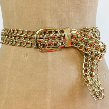 1980s Gold Chain Belt | 80s Gold Chain & Leather Belt | M/L 