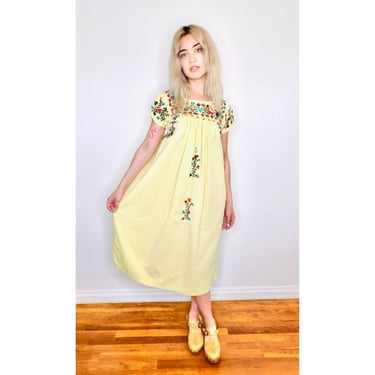 Oaxacan Dress // vintage sun Mexican hand embroidered floral 70s boho hippie cotton hippy yellow maxi // S/M 