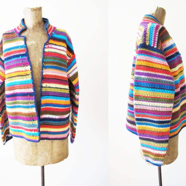 Vintage Crochet Rainbow Stripe Jacket Small - 70s Hand Knit Colorful Sweater Jacket - Open Front Buttonless 