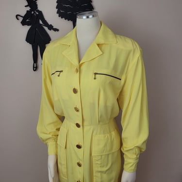Vintage 1980's Yellow Button Up Dress / 80s Designer Dress S 