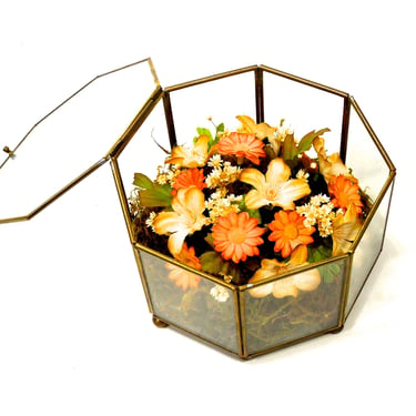 VINTAGE: Floral Terrane Display Glass Box - Glass and Brass Trinket Display Box - Jewelry Box - Hinged Box - SKU 24-B-00010703 