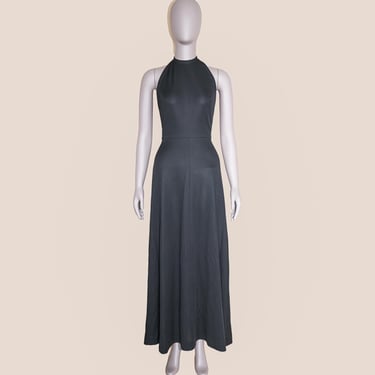 Vintage 80 Black Halter Open Back Long Dress Size Small Fall Outerwear Holiday Black Dress Maxi A Line Dress Cocktail Party Dress Boho Chic 