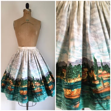 Vintage 1950s Scenic Novelty Print Border Skirt 50s Cotton Dirndl Skirt 