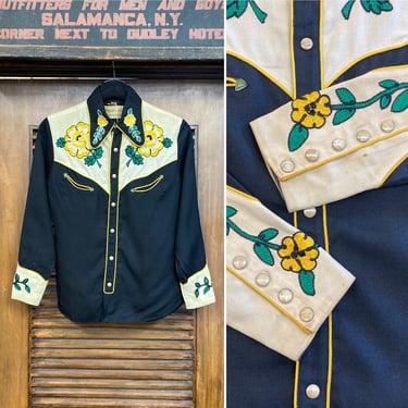 Vintage 1940’s “Frontex” Western Cowboy Embroidery Rockabilly Shirt Top, 40’s Western Wear, Vintage Clothing 