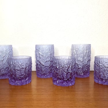 Vintage 1960s Six Selezione IVV Crystal Bark Textured Amethyst Highball + Old Fashioned Glasses 