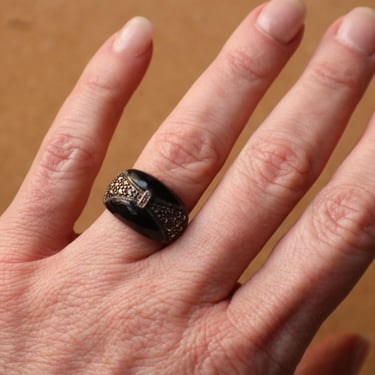 Vintage Marcasite Ring / Black and Silver Antique Style Ring / Sterling Silver Size 5 1/2 