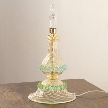 Murano glass crystal and gold table lamp with turquoise and green artistic decoration, height 27 cm handmade Made in Italy 