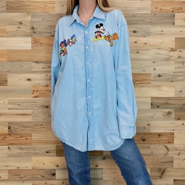 Disney Embroidered Mickey and Friends Button Up Denim Shirt 