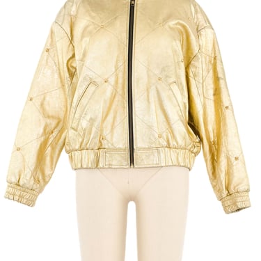 Gold Leather Studded Bomber Jacket
