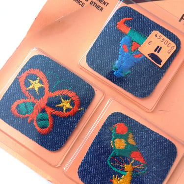 Cute Vintage 70s 80s Jean Iron-on Transfer Patches with Mushroom, Butterfly & Bull Head 