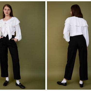 Vintage 1990s 90s Black Wool High Waisted Tailored Straight Fit Pants Trousers w/ Front Pleating, Pockets, Waist Adjuster 