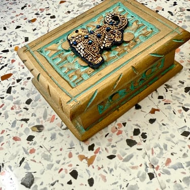 Artsy Carved Box, Upcycled Art, Jungle Cat, Leopard, Vintage Wood Decor, Trinket Box, Jewelry Box 