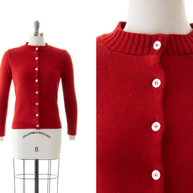 Vintage 1970s Cardigan | 70s Red Knit Acrylic Long Sleeve Button Up Sweater Top (small) 