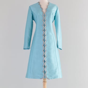 Fabulous 1960's Aqua Blue Shantung Silk Cocktail Dress By Carrie Couture / ML