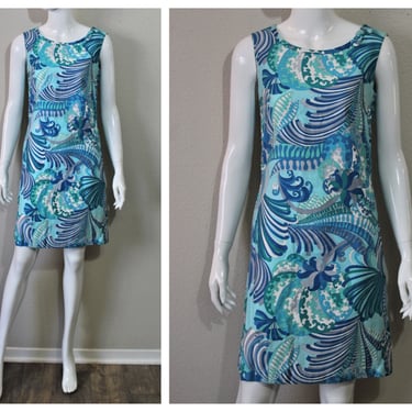 Vintage 1960s Lounge Craft Original Dress Art to Wear Shift Dress Ocean Waves  // Modern Size US 2 4 xs Small 