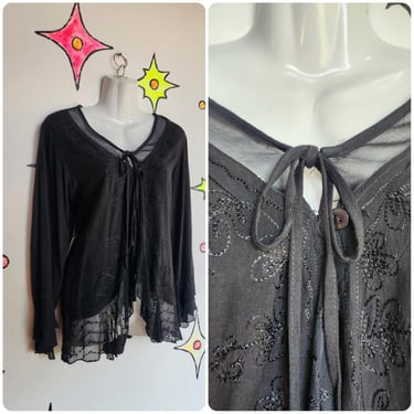 Vintage 90s | Black Ruffle Neck Fairy Pirate Boho Steampunk Blouse Top | One Sz 