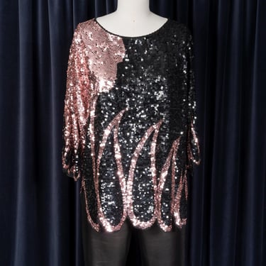 70s/80s Pure Silk Pink and Black Abstract Sequin Top with Scalloped Hem and 3/4 Sleeves 