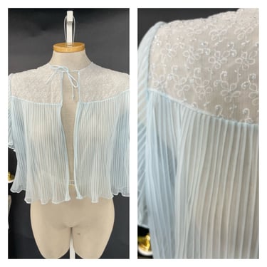 Vintage 1950s 50s 1960s Bed Jacket Duster Sheer Tie Front Lace Pleated Cropped 