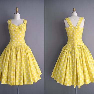 vintage 1950s Yellow Polka Dot Sweeping Full Skirt Dress - XS 