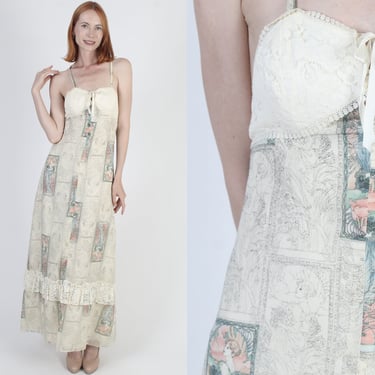 70s Parisian Art Nouveau Dress, Alphonse Mucha Style Print Material, Floral Toile String Sundress, Vintage Romantic Garden Maxi 