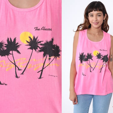 The Abacos Tank Top 90s Bahamas T-Shirt Beach Palm Tree Hot Pink Graphic Sleeveless Neon Surfer Muscle Tee Vintage 1990s Racerback Medium 