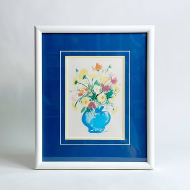 Postmodern Art Print, Floral Painting in White Frame, 1990’s 