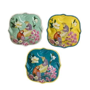 Lot of 3 Parrot Bird Graphic Square Color Porcelain Small Plates ws2456E 
