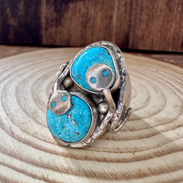 Slithering Snake Vintage Native American Zuni Chunky Coral Turquoise Sterling Silver Bracelet
