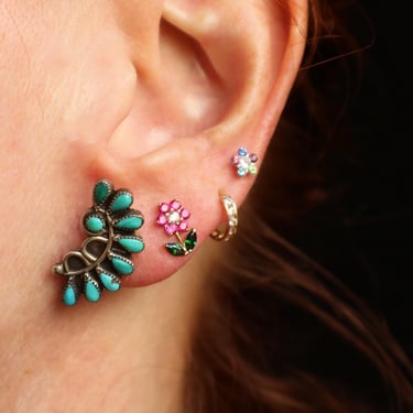 Turquoise Cluster EARRINGS / 1940's Southwest Screw Back Earrings / Sterling Turquoise Jewelry 