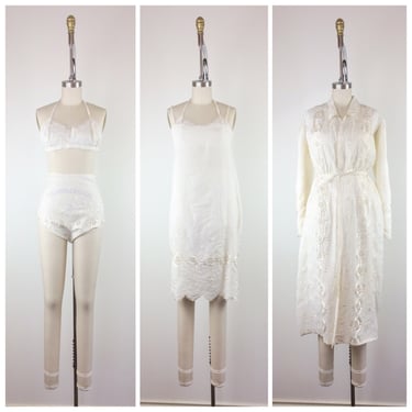 20s Ivory Lace Bra, Panty, Slip & Robe Set / 1920s Vintage Nightgown Lingerie 