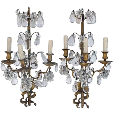 Pair Large French Louis XV Style Gilt Brass and Crystal Three-Light Wall Sconces