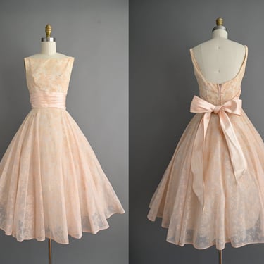 vintage 1950s Dress | Ballet Pink Flocked Floral Sweeping Full Skirt Cupcake Party Dress | Small 