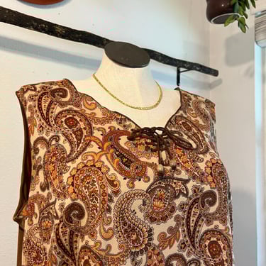 Vintage 90s Brown Western Paisley Print Leather Lace Up Tank Top Size 22 