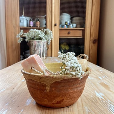 Beautiful vintage French yellow terra cotta  cheese strainer 