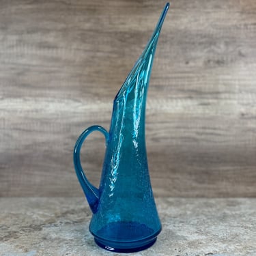 Mid Century Peacock Blue Stretch Crackle Glass Decorative Pitcher for Home Decor 