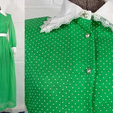 Vintage Green Maxi Dress 60s Mod White Trim Hostess 1960s Fit & Flare Twiggy Long Sleeve Ruth Carolina Polka Dot Cottagecore Kawaii Medium 