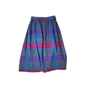 Vintage 70's Claude Blue and Pink Pleated Plaid Wool Blend Mid Skirt, with pockets Size 10 