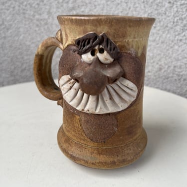 Vintage stoneware studio art brown pottery mug kitsch 3D face Mustache man theme holds 14 oz. 