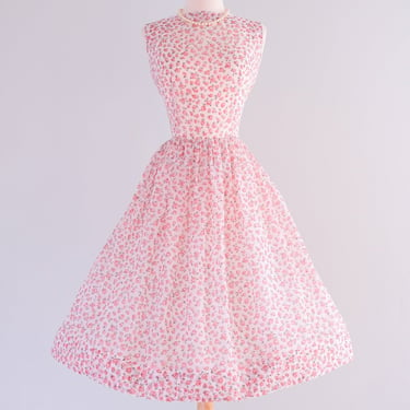 Sheer Delight 1950's Ivory & Rose Printed Chiffon Dress / Sz M