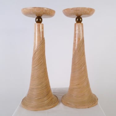 1970s Tropical Modern Pair Tesselated Pink Marble & Reed Candleholders, Manner of Karl Springer