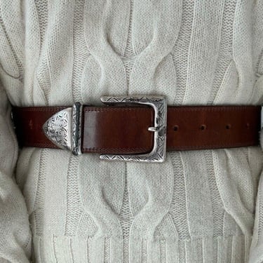 Vintage Brighton 1990s Brown 100% Leather Western Hippie Waist Belt Sz S Made US 