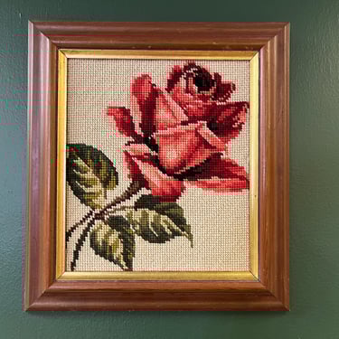 vintage red rose needlepoint framed wall hanging boho apartment picture 