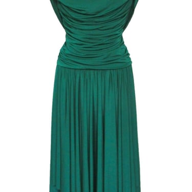 Emerald Green Dress, Vintage Casadei, M Women, Slinky Polyester, Ruched, Handkerchief Hem 